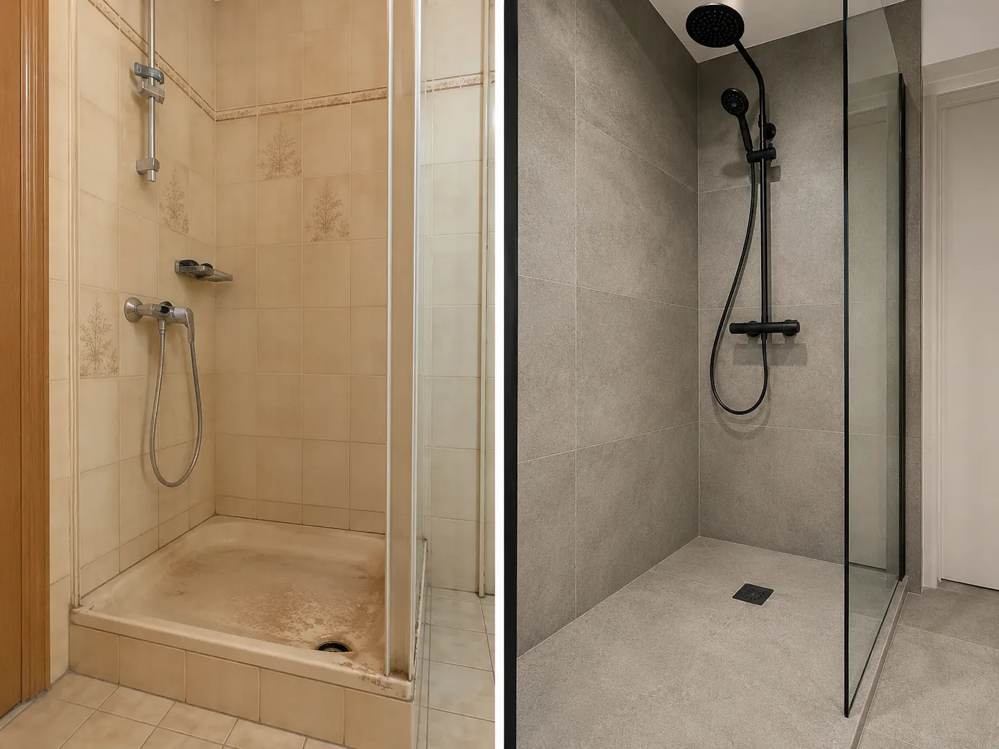 Avant après création douche italienne par Bony Plomberie dans la Drôme