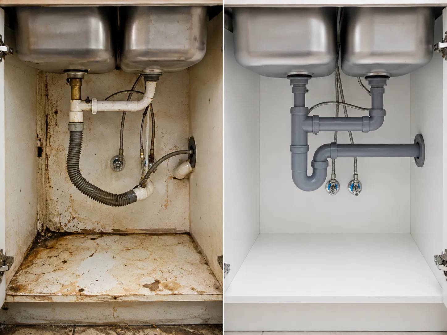 Avant après réfection siphon sous évier par Bony Plomberie