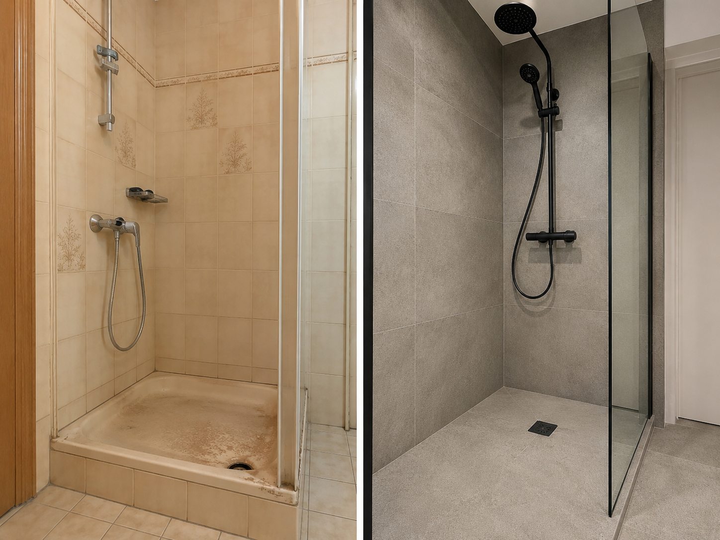 Avant après création douche italienne par Bony Plomberie dans la Drôme